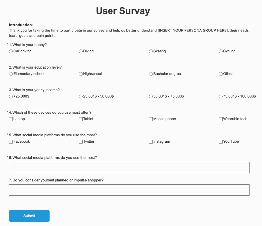 Questionnaire with repeater